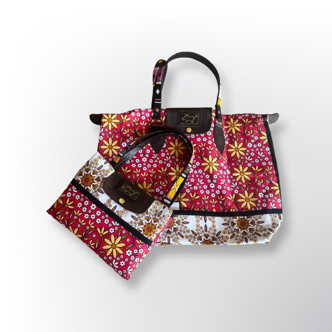 Fold Up Bag with Beaded Handles